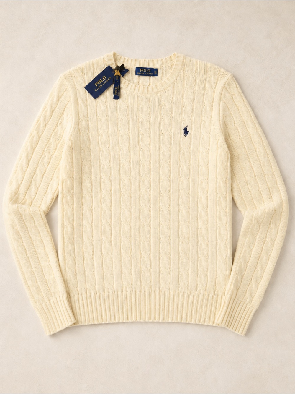 New Ralph Lauren Cream Cable-Knit Crew Sweater with Navy Pony